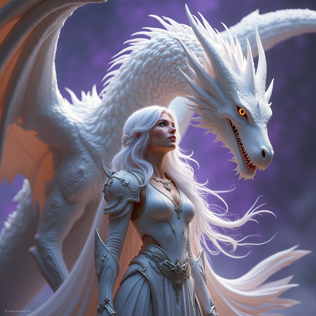 White Dragon and Armored Mage in Fantasy Portrait