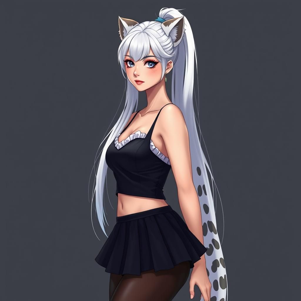 Snow Leopard Woman in Maid Outfit, Digital Painting