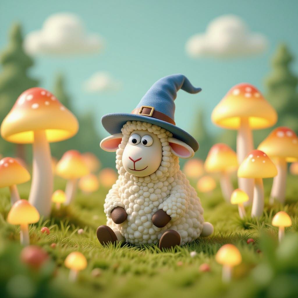 Whimsical Sheep Wizard in Glowing Mushroom Field