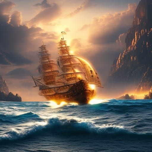 Golden Pirate Ship at Dawn: Digital Matte Painting