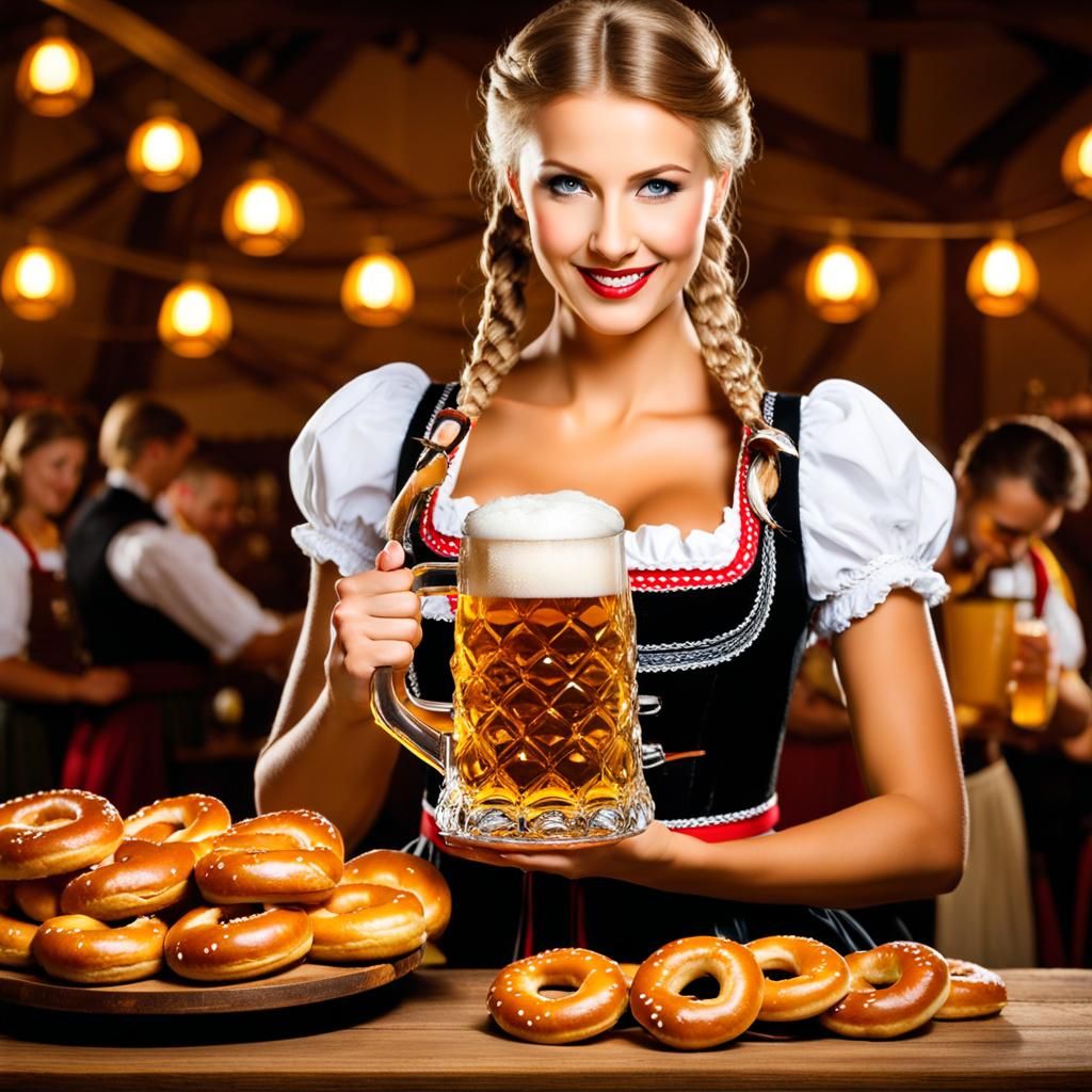 Oktoberfest Woman Serving Beer in Watercolor Style