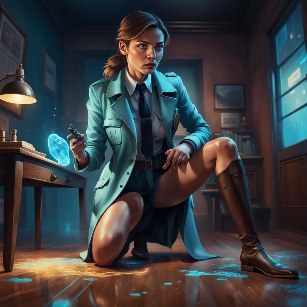 Hyperrealistic Detective Investigates Crime Scene