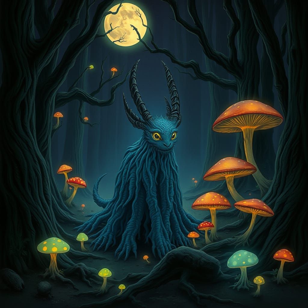 Mystical Carbuncle Chilote in Moonlit Forest