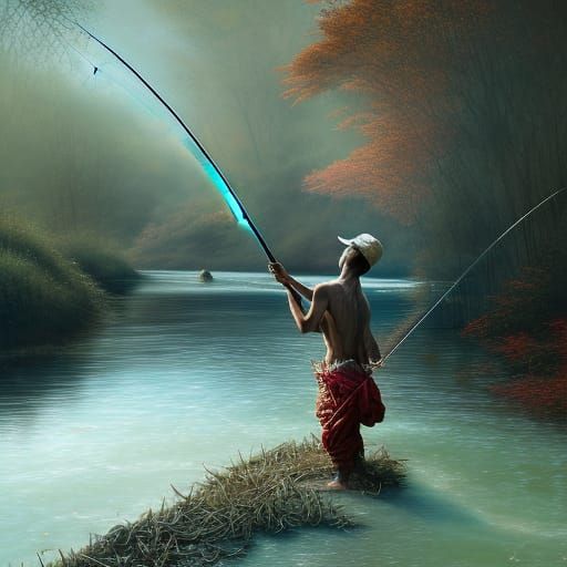 Young Man Fishing in River with Glowing Skin
