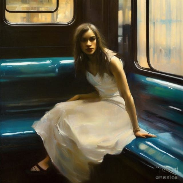 Detailed Girl on Train with Ink and Paint Effects