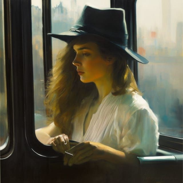 Girl on Train: Detailed Impressionist-Style Painting