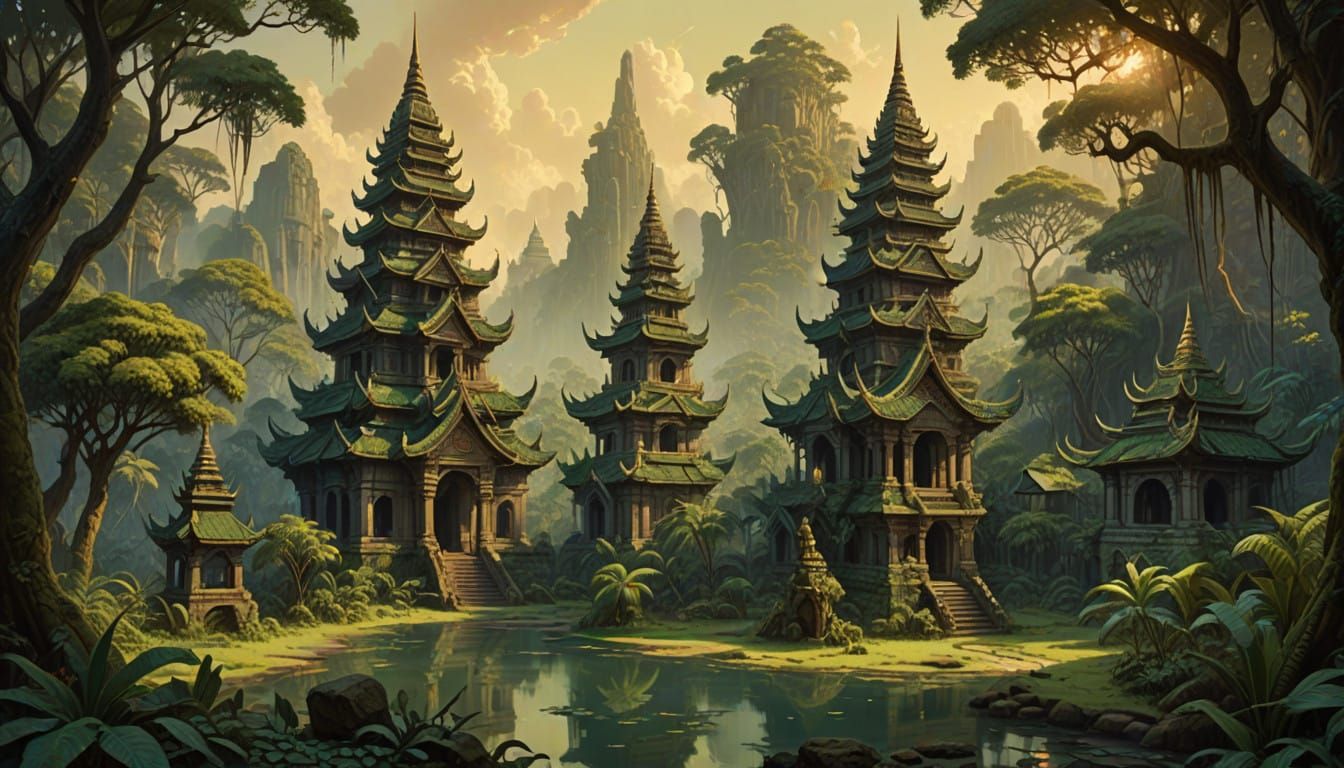 Mystical Southeast Asian City in a Vibrant Jungle