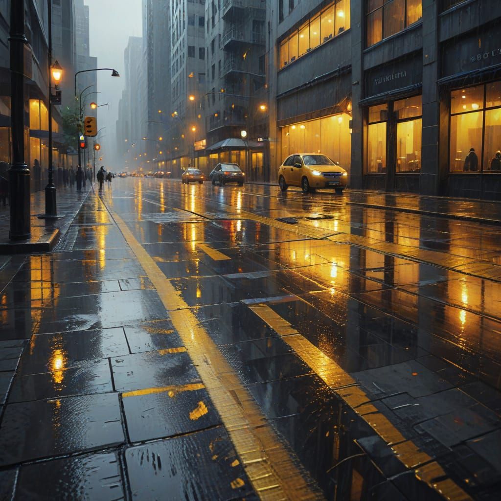 Surreal Yellow Rain in a Moody Cityscape