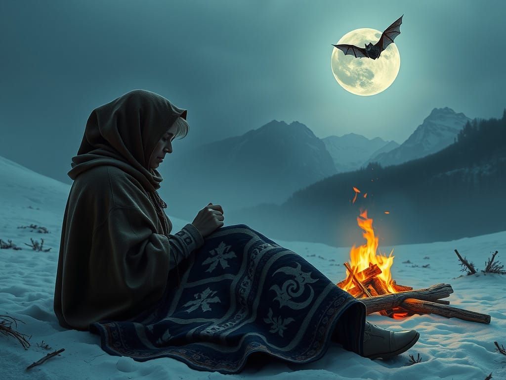 Mystical Winter Mountain Scene with Occult Quilt Patterns