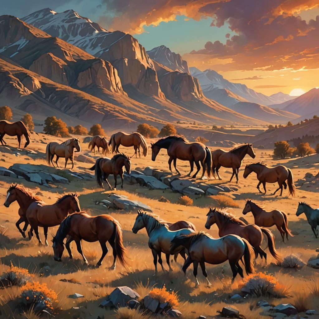 Wild Horses Grazing at Sunset: Concept Art
