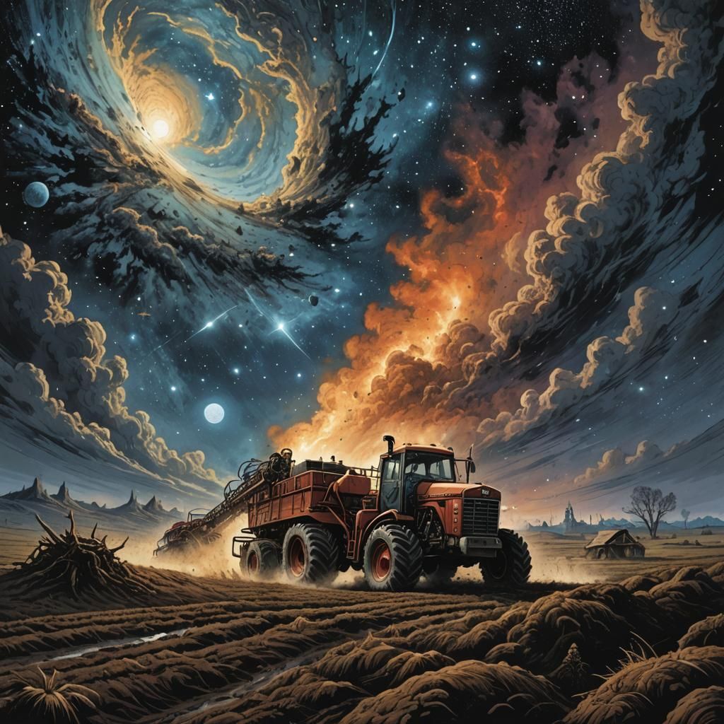 Farmer plowing field, Cosmic