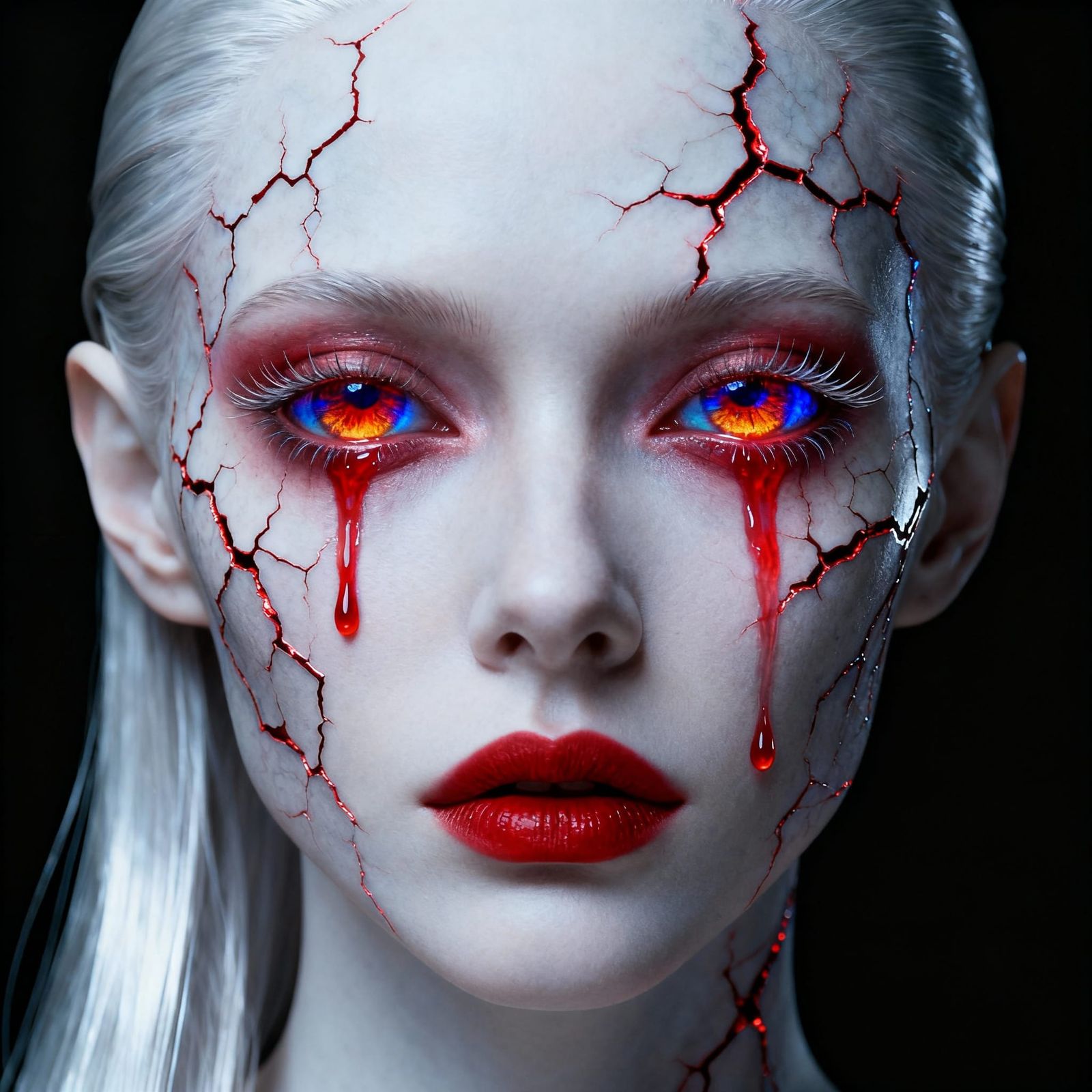 Ethereal Face Weeping Crimson Tears in Surreal Style