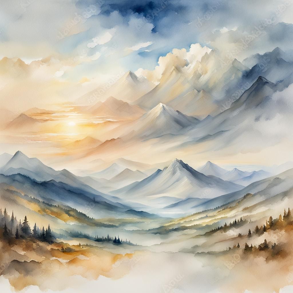 Cinematic Mountain Cloudscape in Watercolor Style