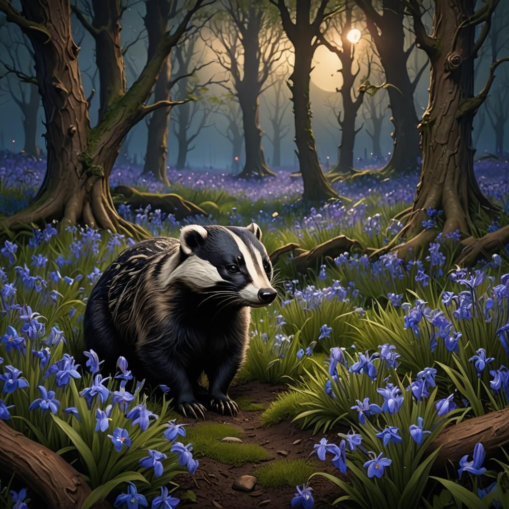 Badger in Bluebells: Detailed Night Fantasy