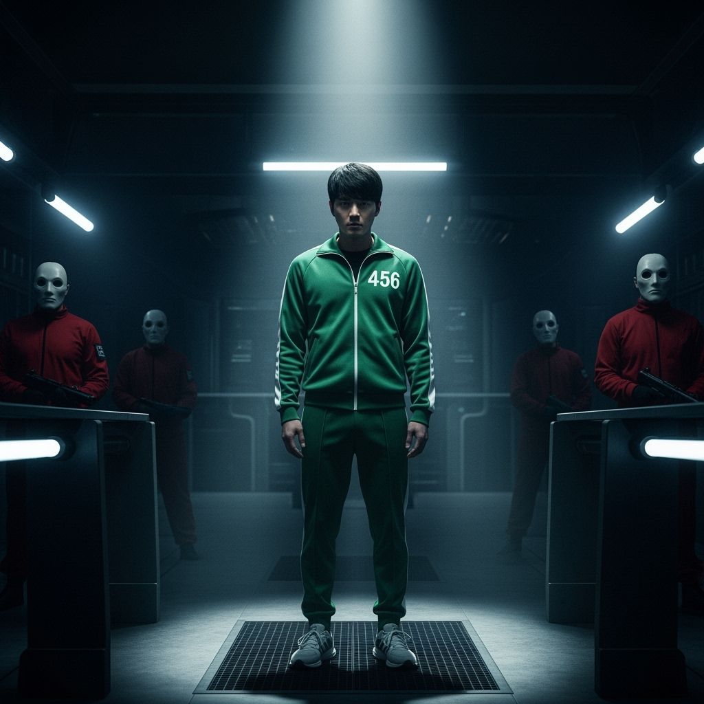 Dystopian Game Arena Featuring Player 456 in Cinematic Style