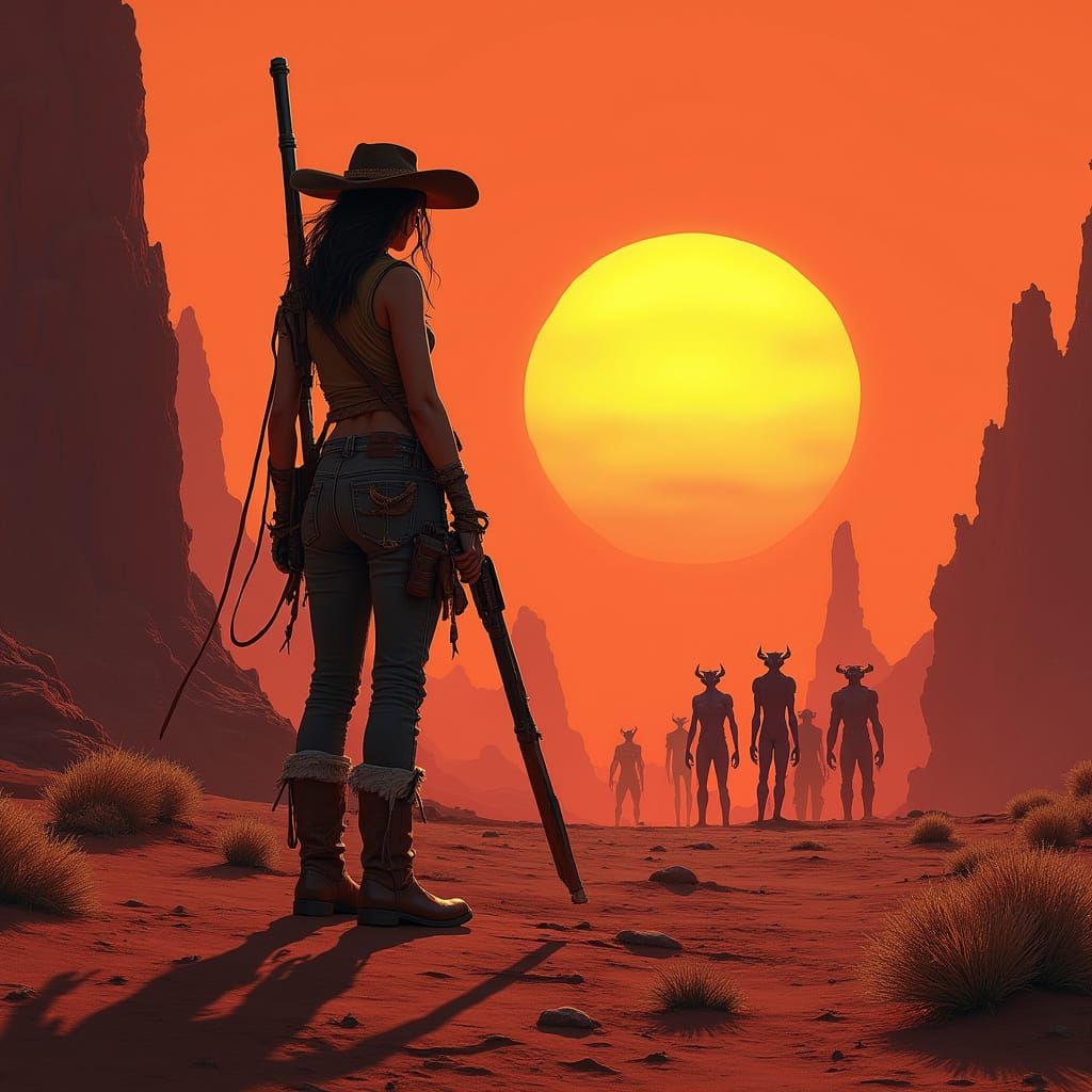 Cowgirl Vaquero Silhouetted Against Binary Sunset in Alien L...