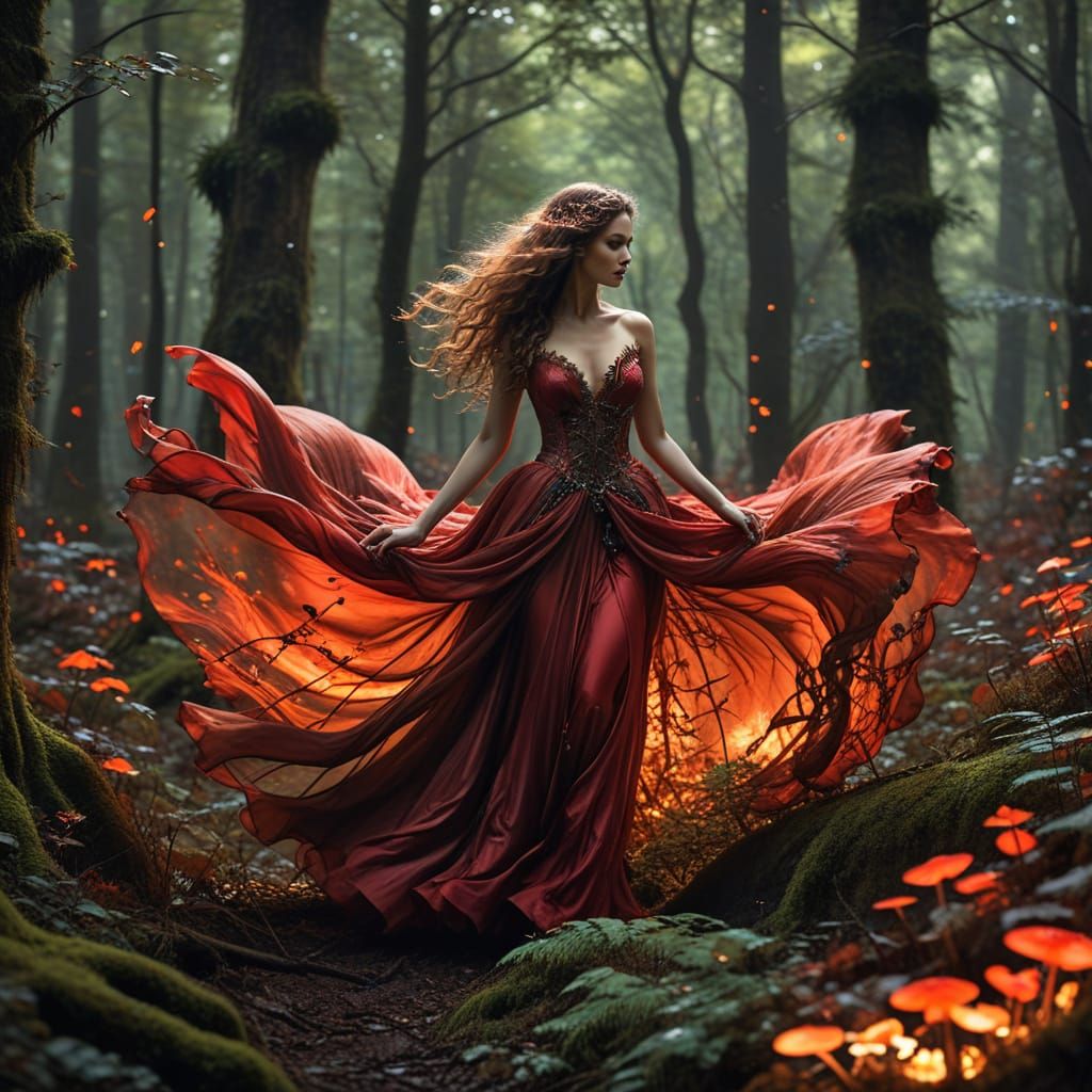 Woman in Red Gown in Bioluminescent Forest