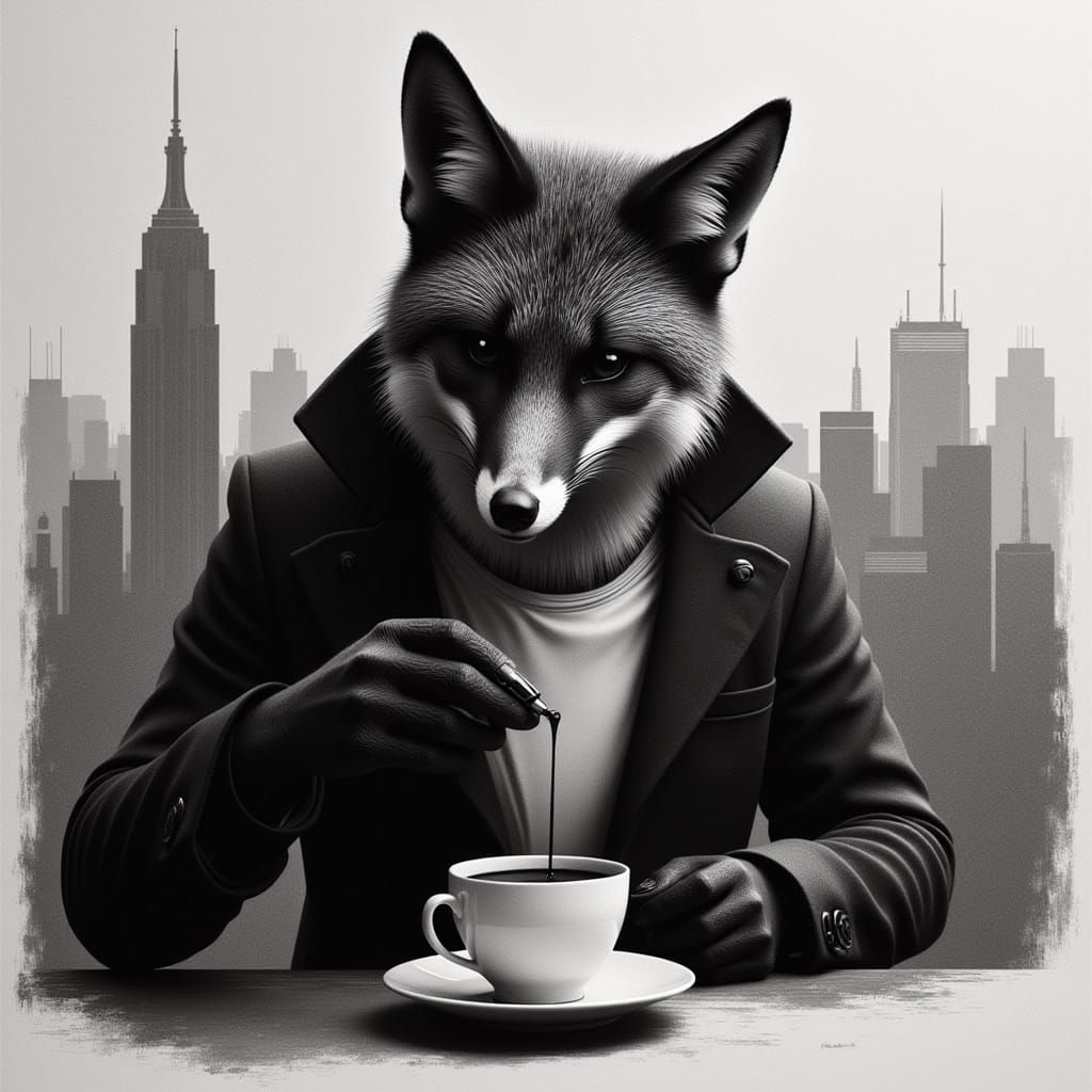Cyberpunk Fox Drinks Coffee in Night City