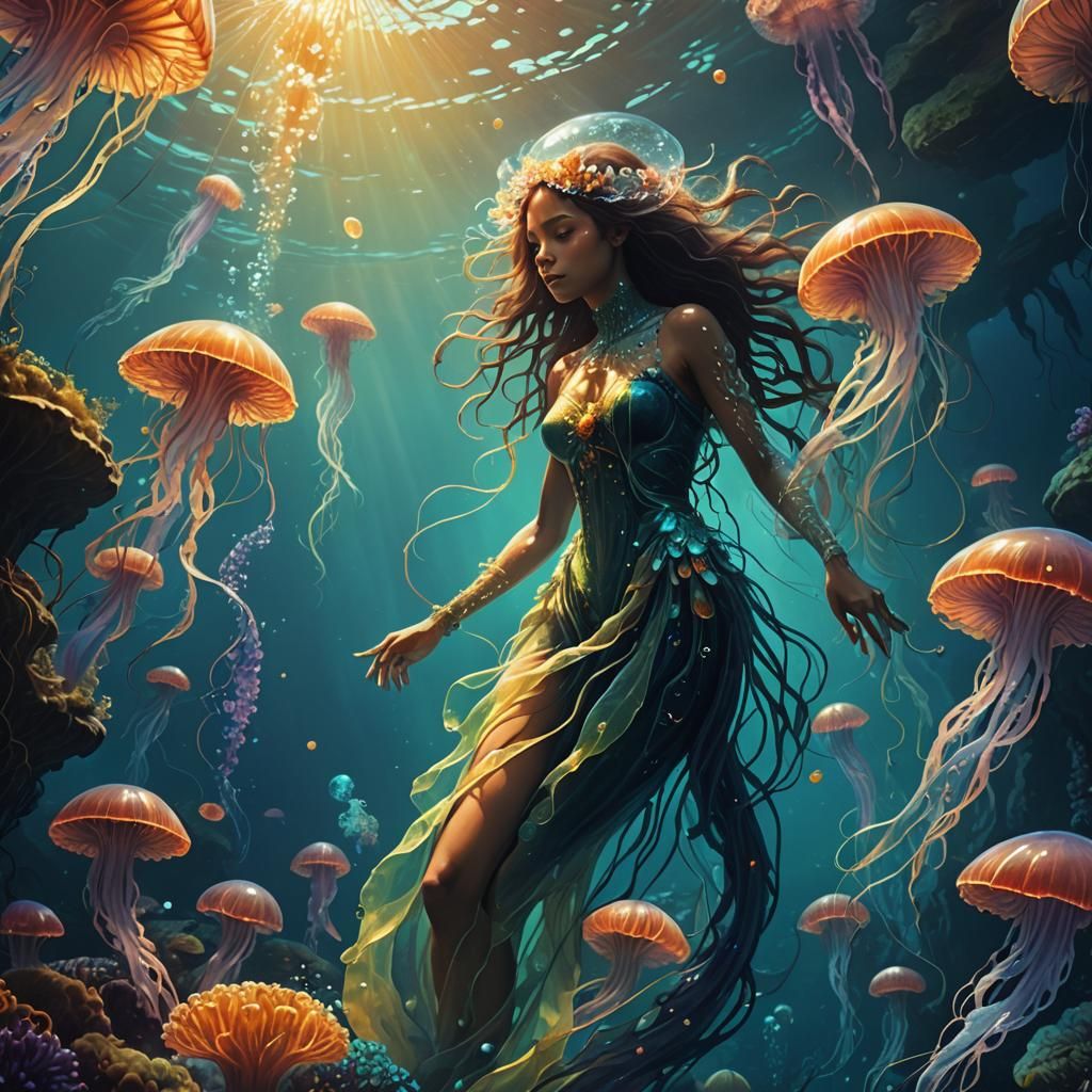 Underwater Mermaid with Bioluminescent Jellyfish in Surreal ...