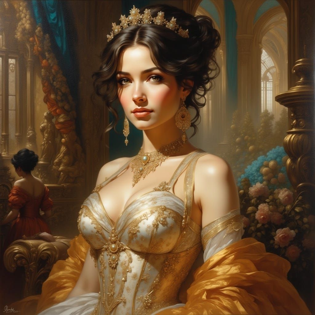 Elegant Woman in Opulent 17th Century Oil Painting