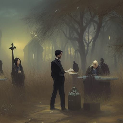 Business meeting in a graveyard