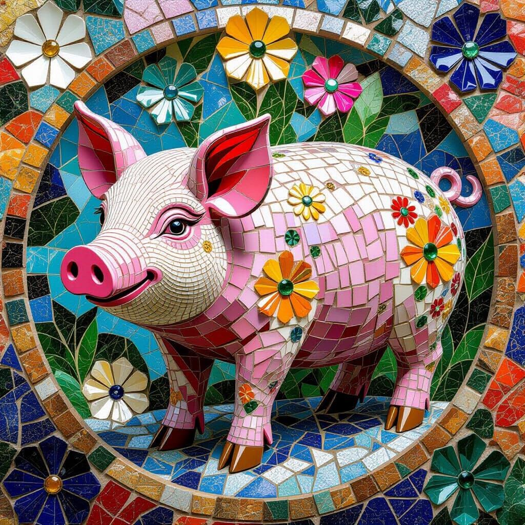 Trencadís Mosaic of a Pig in Gaudí Style