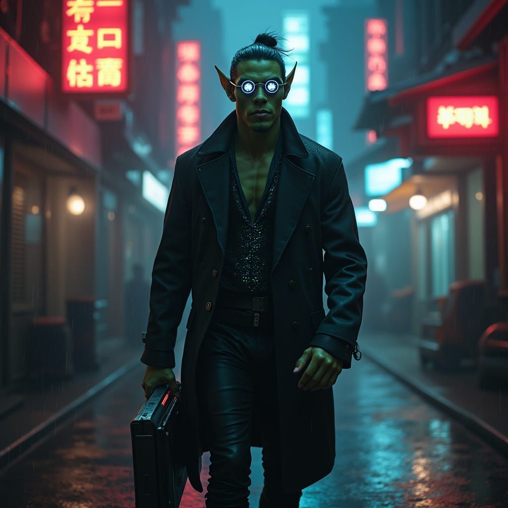 Cyberpunk Orc Man Strides Through Rainy City Alley