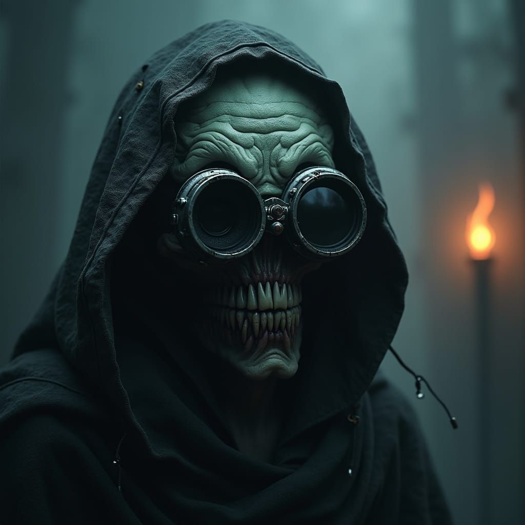 Lovecraftian Alien Peering Through Binoculars as Matte Paint...