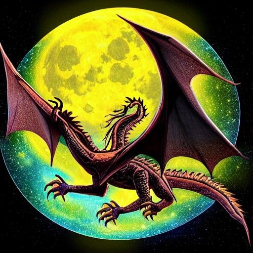 Dragon Soaring Before Harvest Moon, Cosmic Illustration