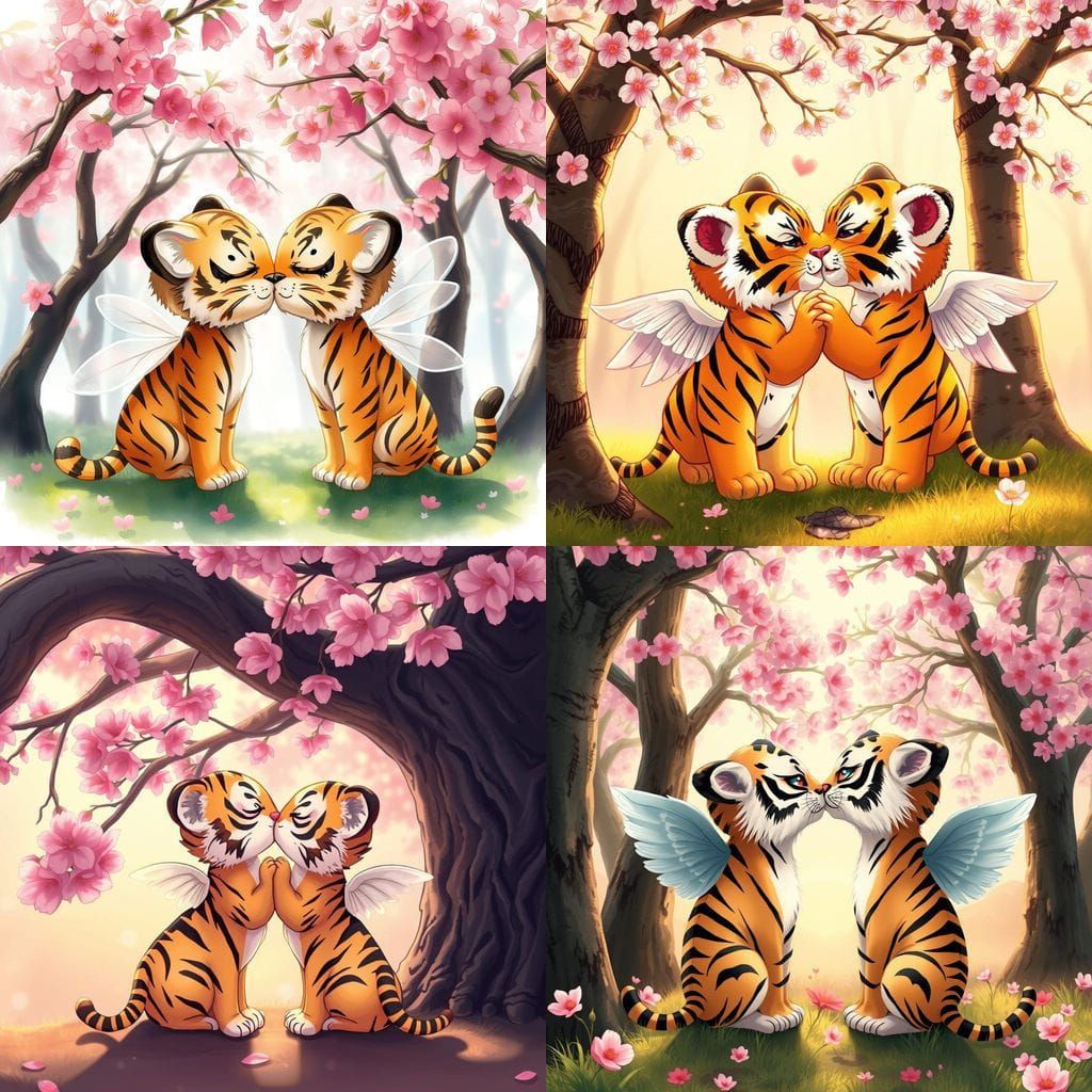 Whimsical Tigers Kiss Under Blossoming Cherry Trees