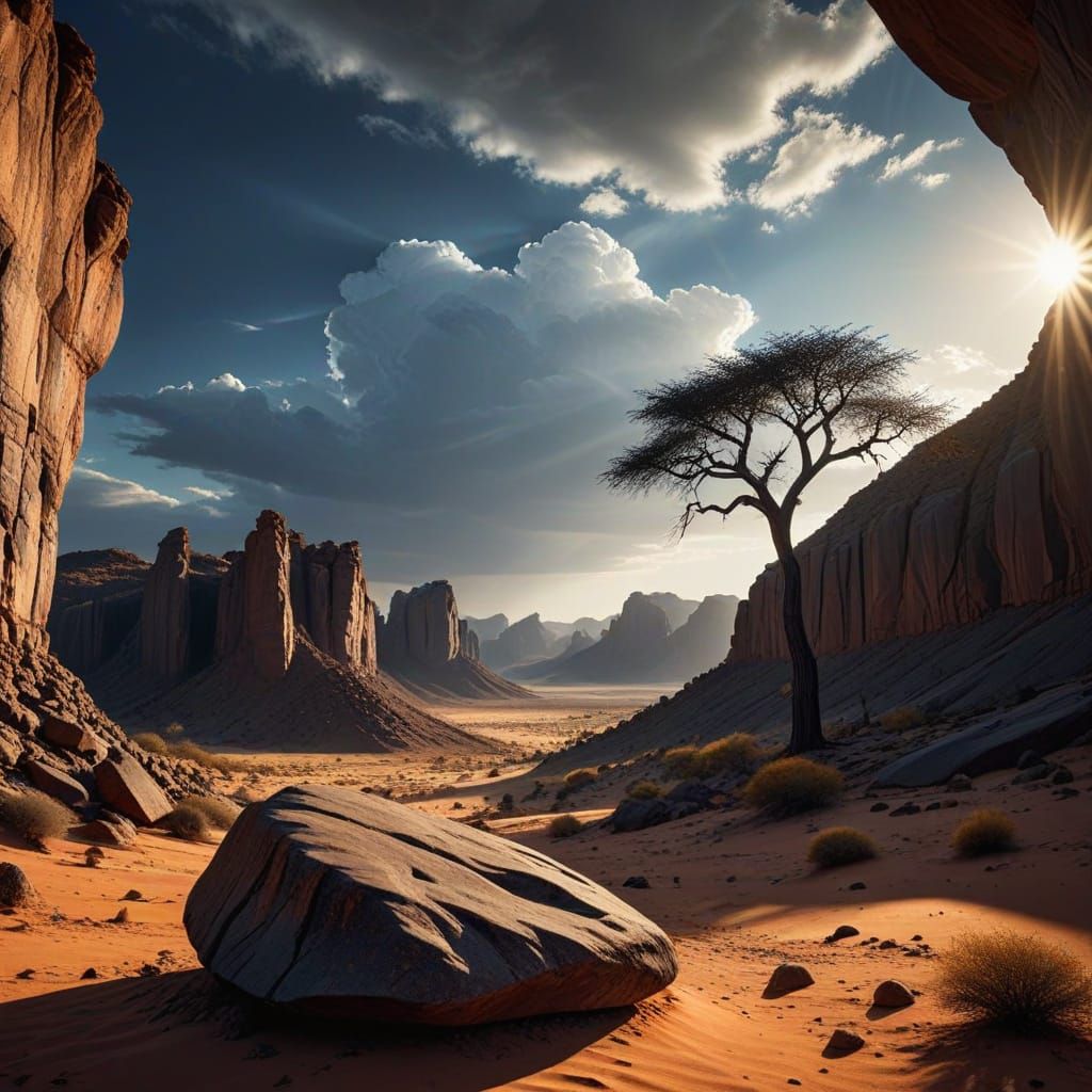 Surreal Namibian Desert Landscape with Towering Rock Formati...