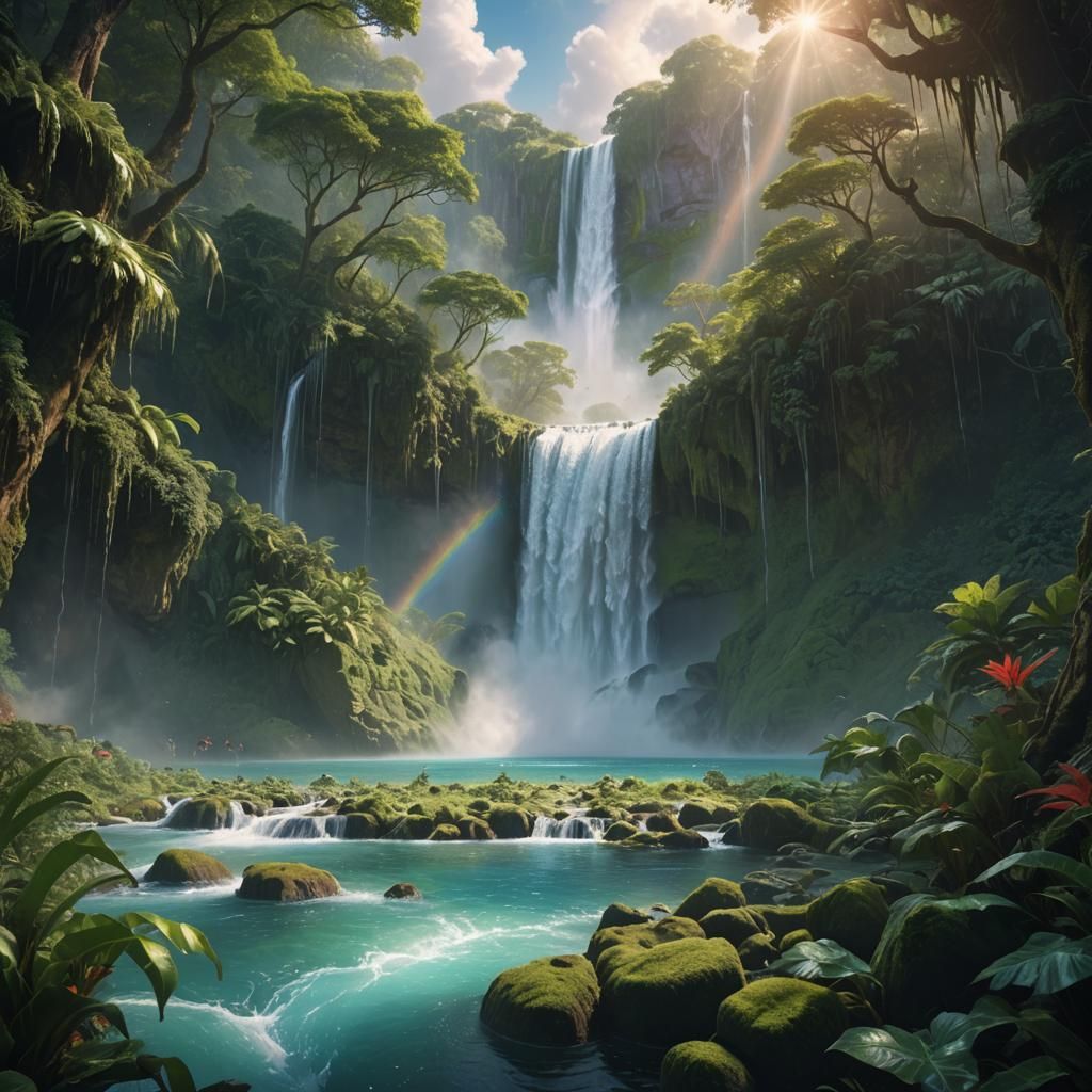 Ethereal Waterfall Landscape in Digital Matte Painting