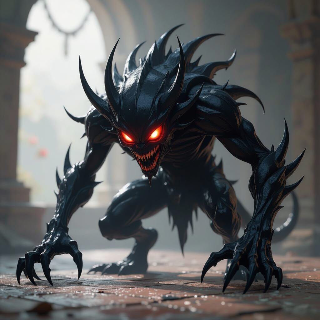 Grotesque Ink Creature with Red Eyes in 3D Anime Style