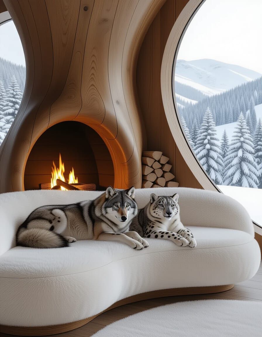 Wolf and Snow Leopard Rest on Cream Couch in Winter Lodge