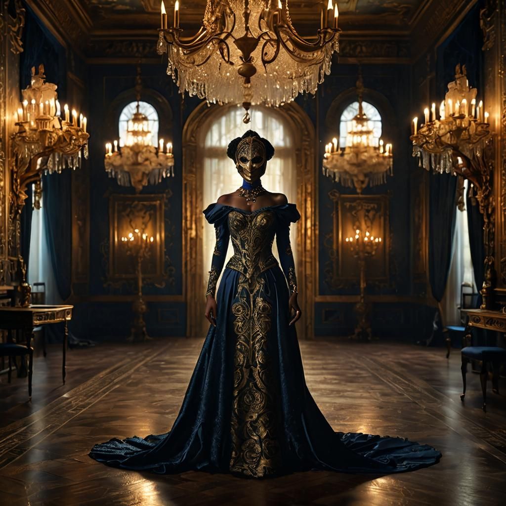 Masked Lady in Baroque Ballroom with Dramatic Lighting