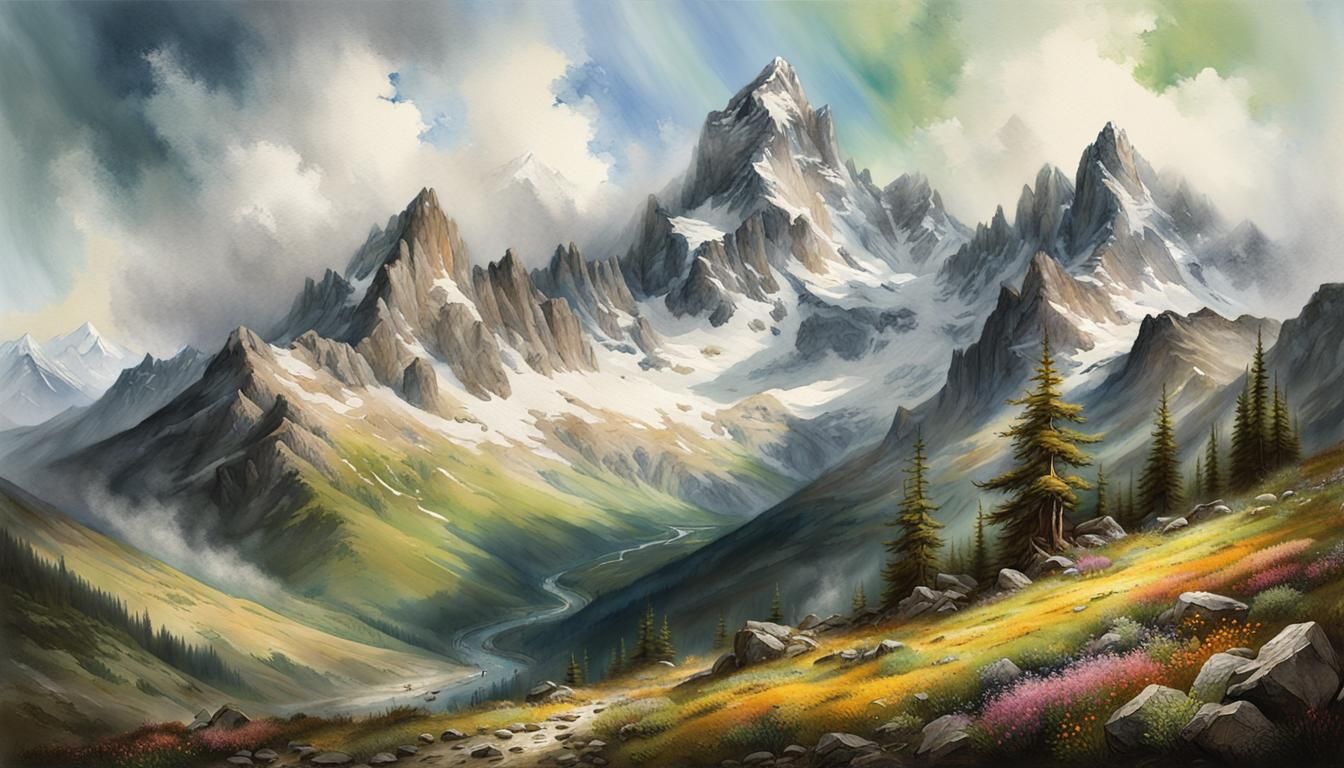 Mountain Peaks and Valleys in Watercolor Style