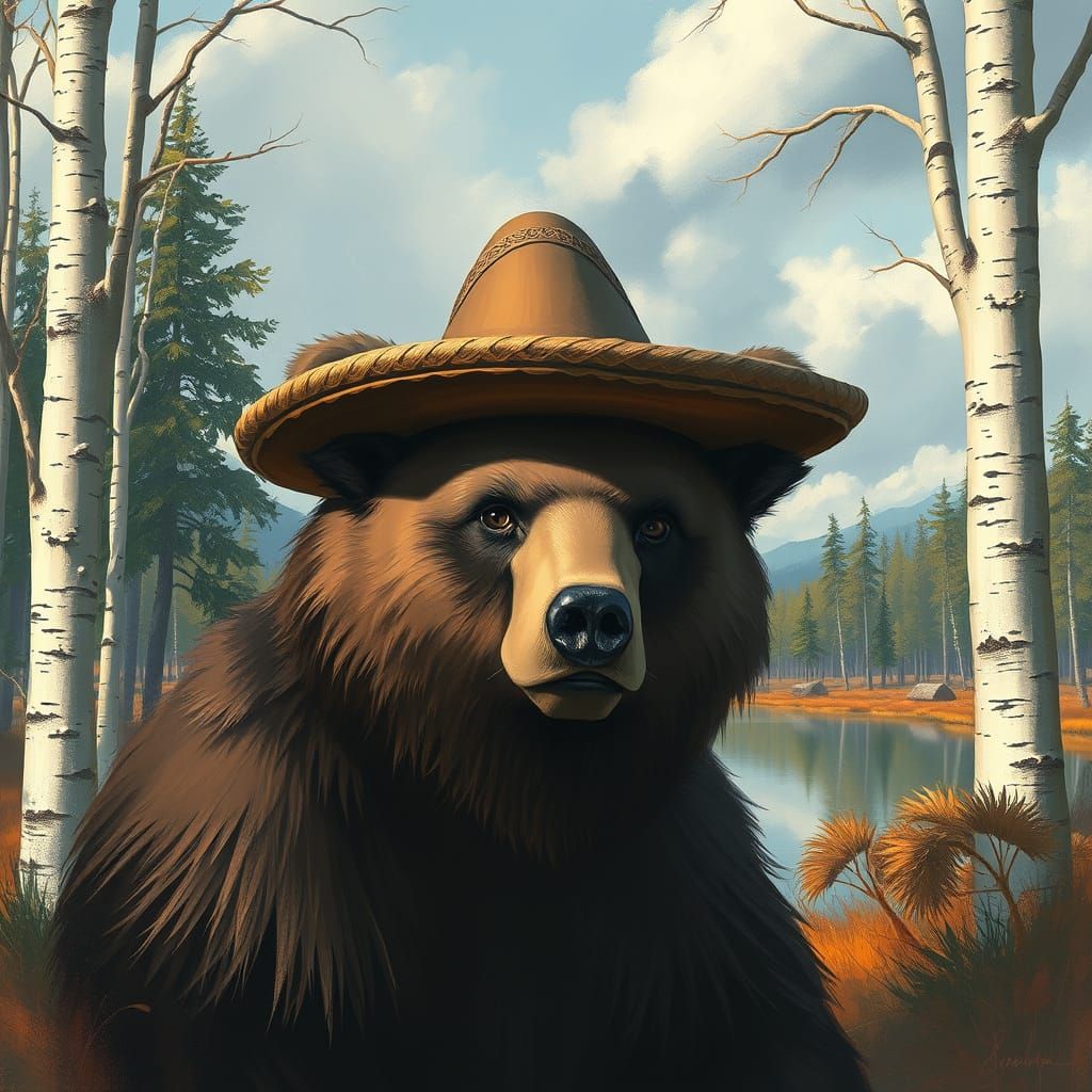 Bear in Sombrero Hat in Finnish Landscape