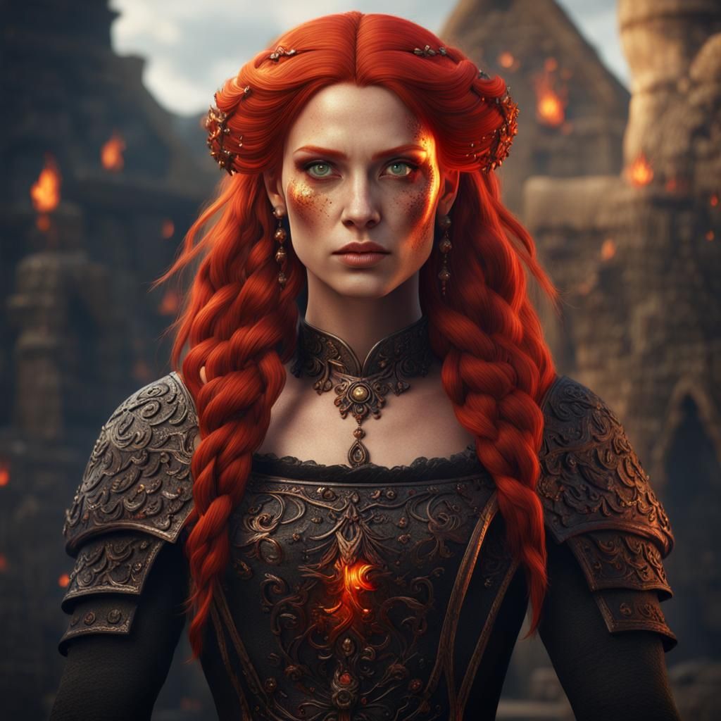 Medieval Woman with Flaming Hair: Hyperrealistic Portrait