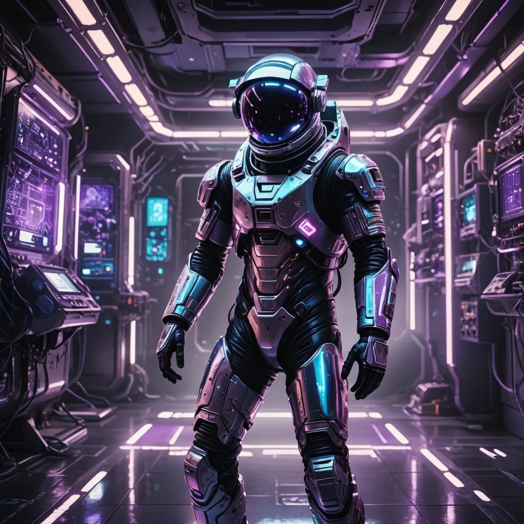 Futuristic Astronaut Integrates Tech in Neon Lit Lab