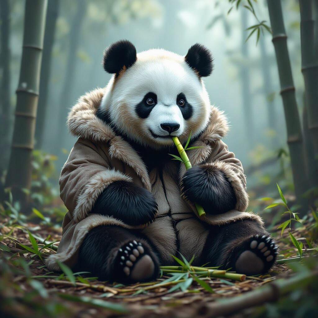 Photorealistic Panda in Misty Forest Eating Bamboo