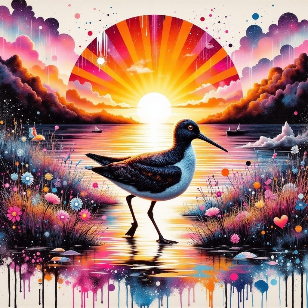 Sandpiper in Art Deco Landscape with Paint Splatters