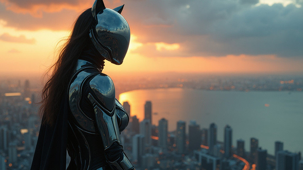 Cyberpunk Rooftop Contemplation in Metallic Armor
