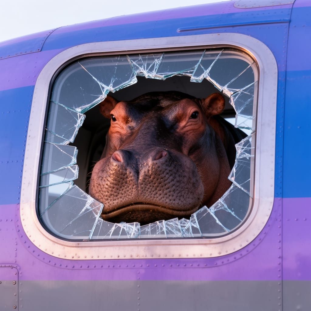 Hippopotamus Peering Through Shattered Airplane Window