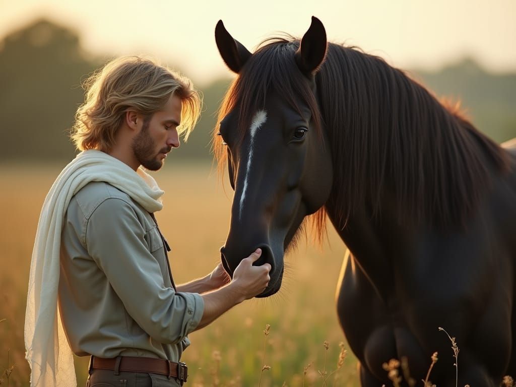 Man Offers Hand to Mythical Creature in Meadow