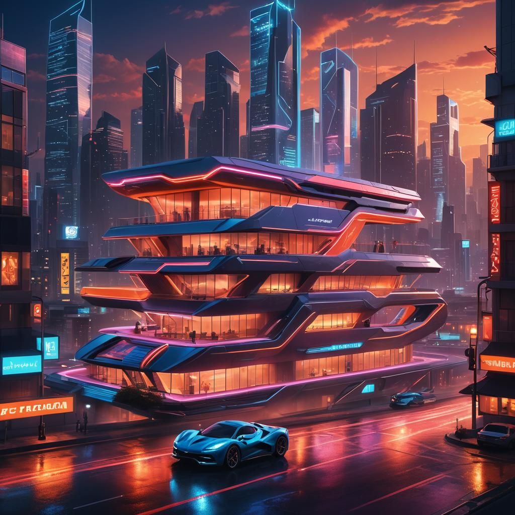 Ferrari Car House in a Neon Cityscape
