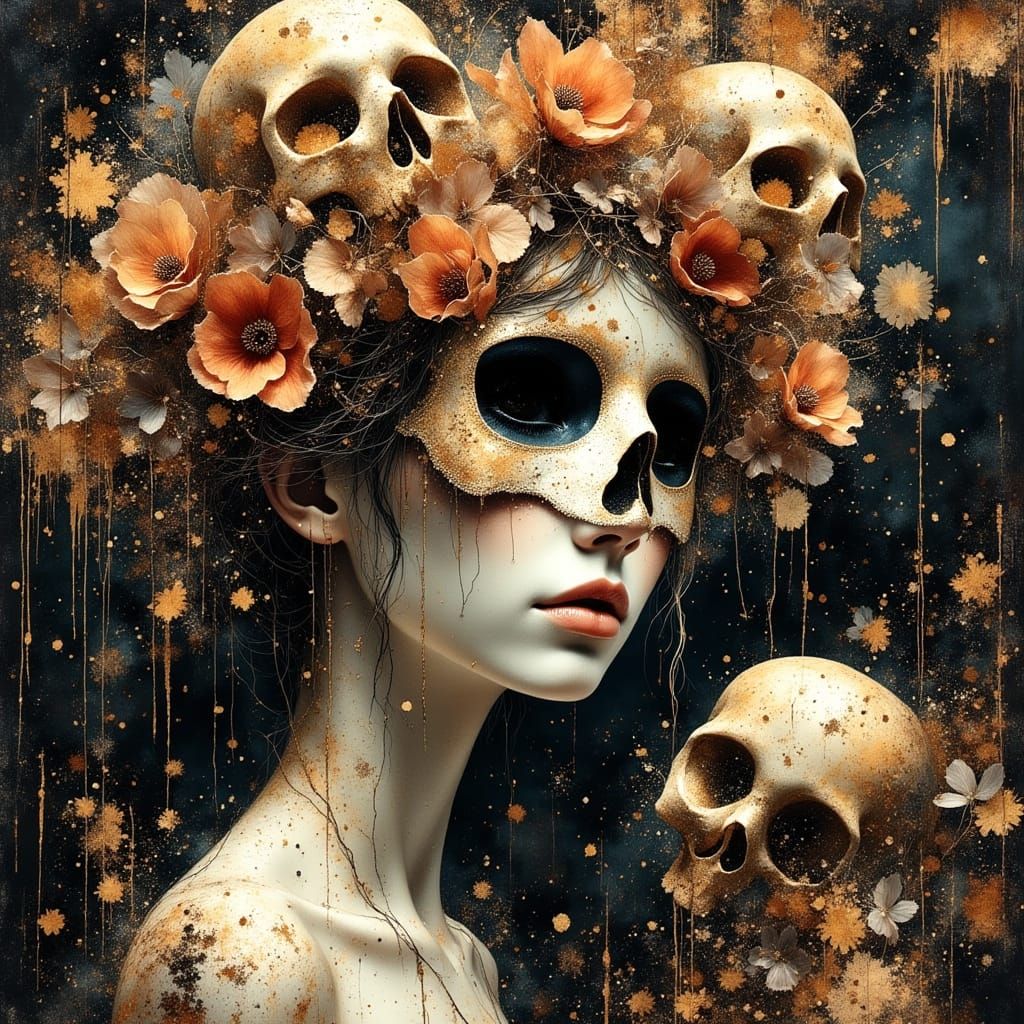 Dreamy Girl in Skeleton Mask: Glitch Art Fusion