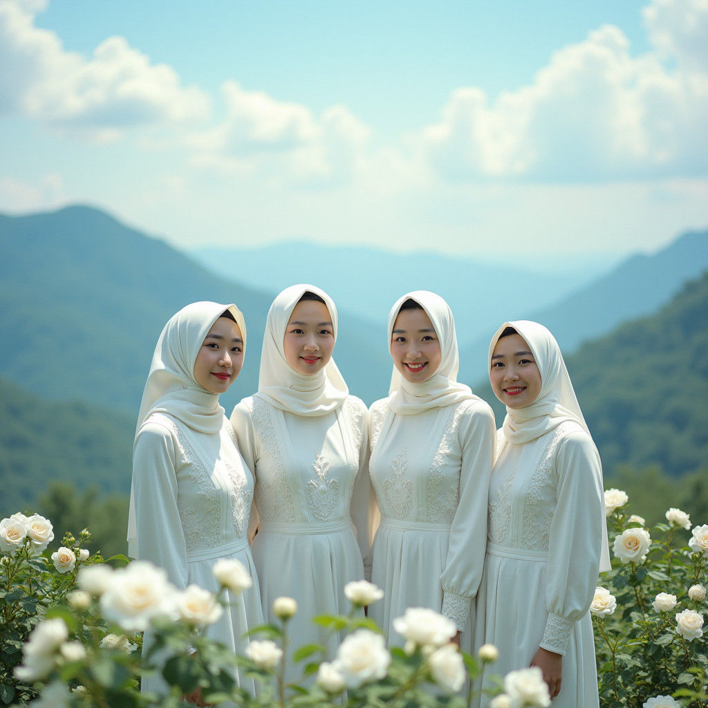 Korean Women in White Dresses Amongst White Roses