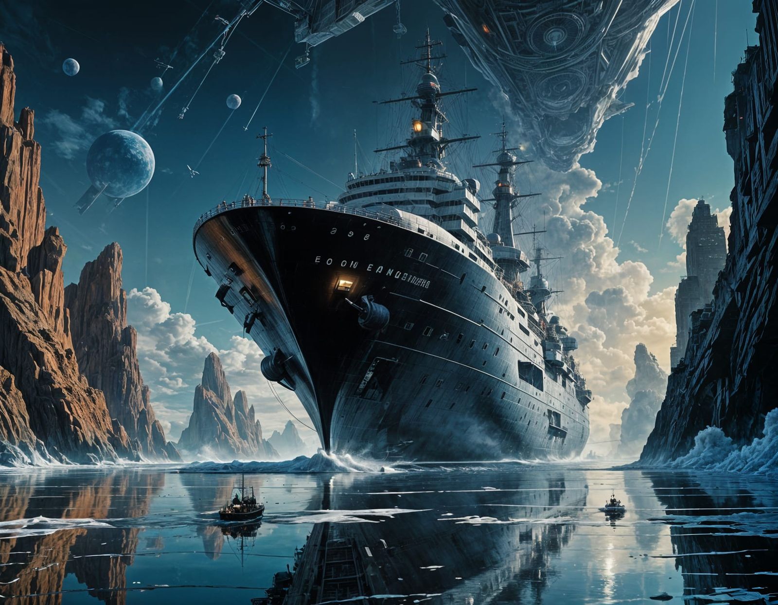 Giant Ship on Horizon, Dramatic Cinematic Lighting, Vast Sca...