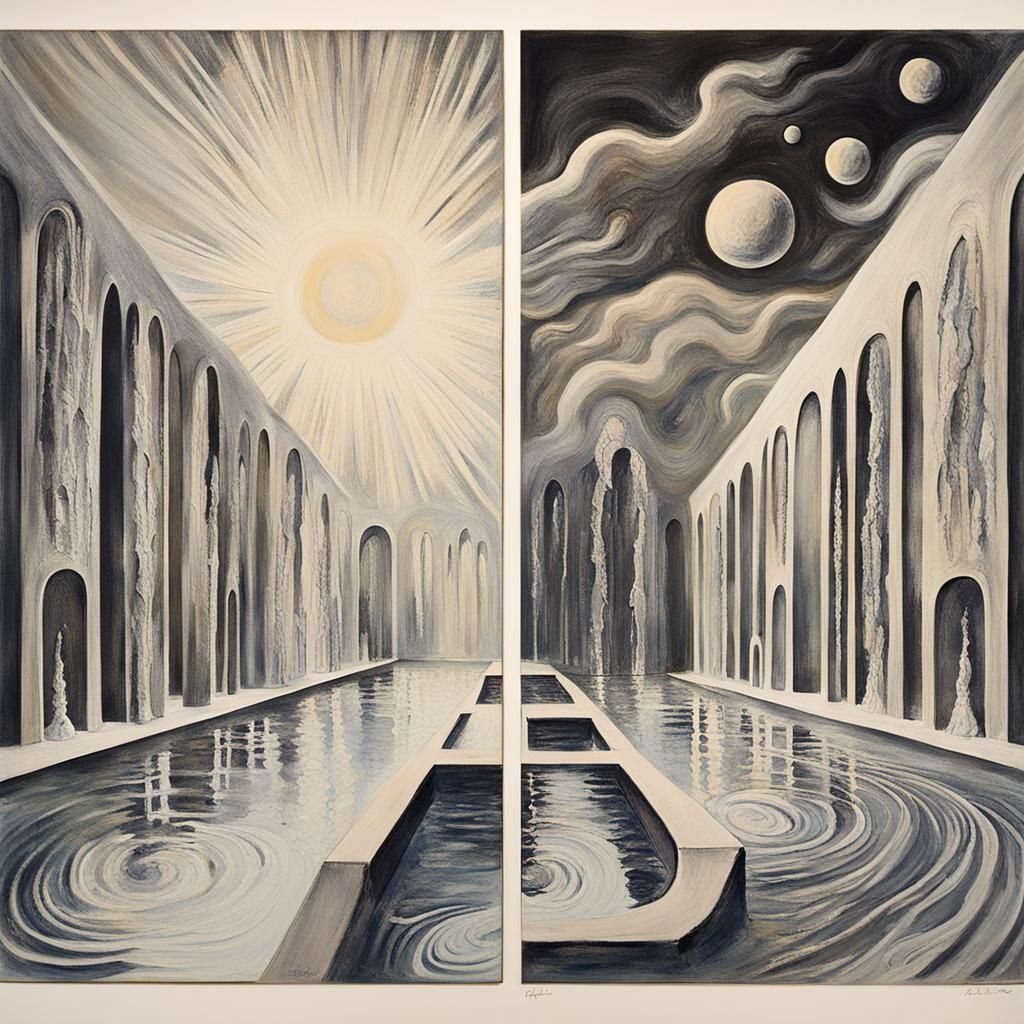 Surreal Water and Light Diptych in Etching Style