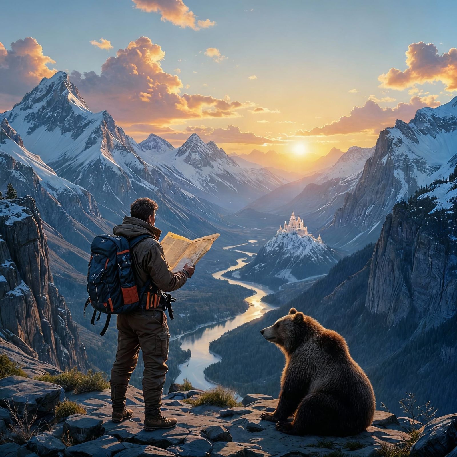 Explorer Overlooks Valley at Sunset with Citadel and Bear